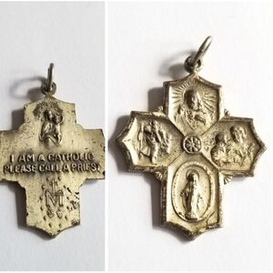 Vintage 5 way Cross medal pendant Silver tone metal I am Catholic call a priest